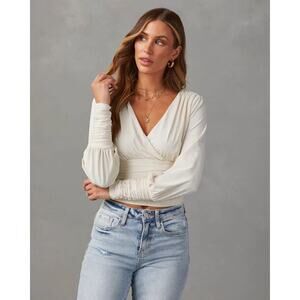 [Olia] White Draped V-Neck Ruched Waist Pleated Long Sleeve Blouse NWT Size XL